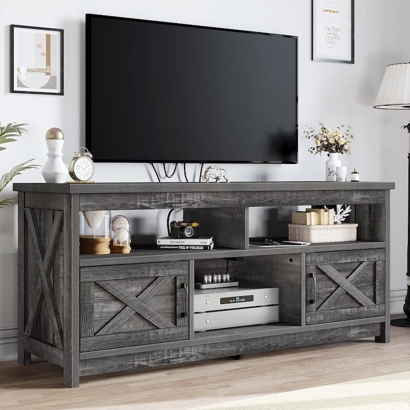 Moasis Farmhouse Barn Door Wood TV Stand with Power Outlet, Entertainment Center with Shelves for TV up to 65"