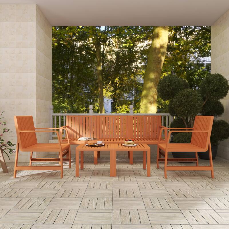 BNK Five-Piece Indoor/Outdoor PP Furniture Set, 3-Seater Sofa, 2 Chairs & 2 Coffee Tables, Easy Assembly Patio Conversation Set