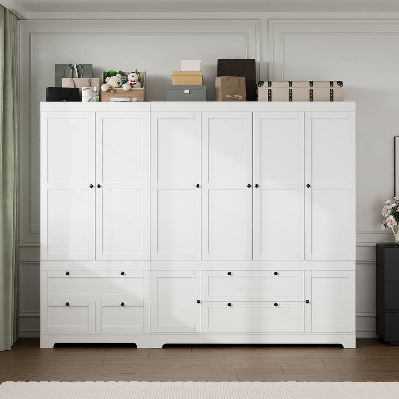 Gyomojoy Large White Wardrobe Closet with Drawers & Doors, Modular Armoire with Hanging Rods, Apartment & Dorm Storage - 6 Door 5 Drawers