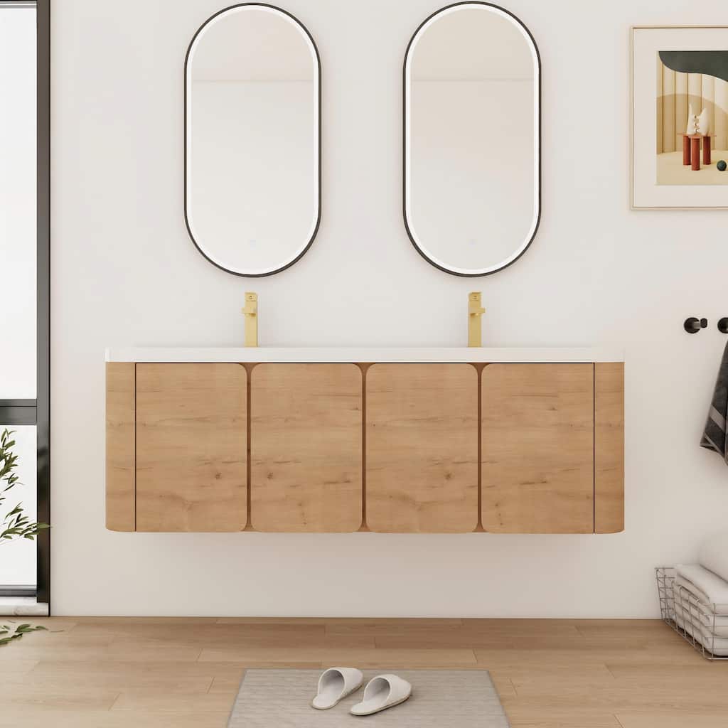 Bathroom Vanity With Resin Sink In 48/60 Inch, Floating Bathroom Vanity With Soft Close Doors