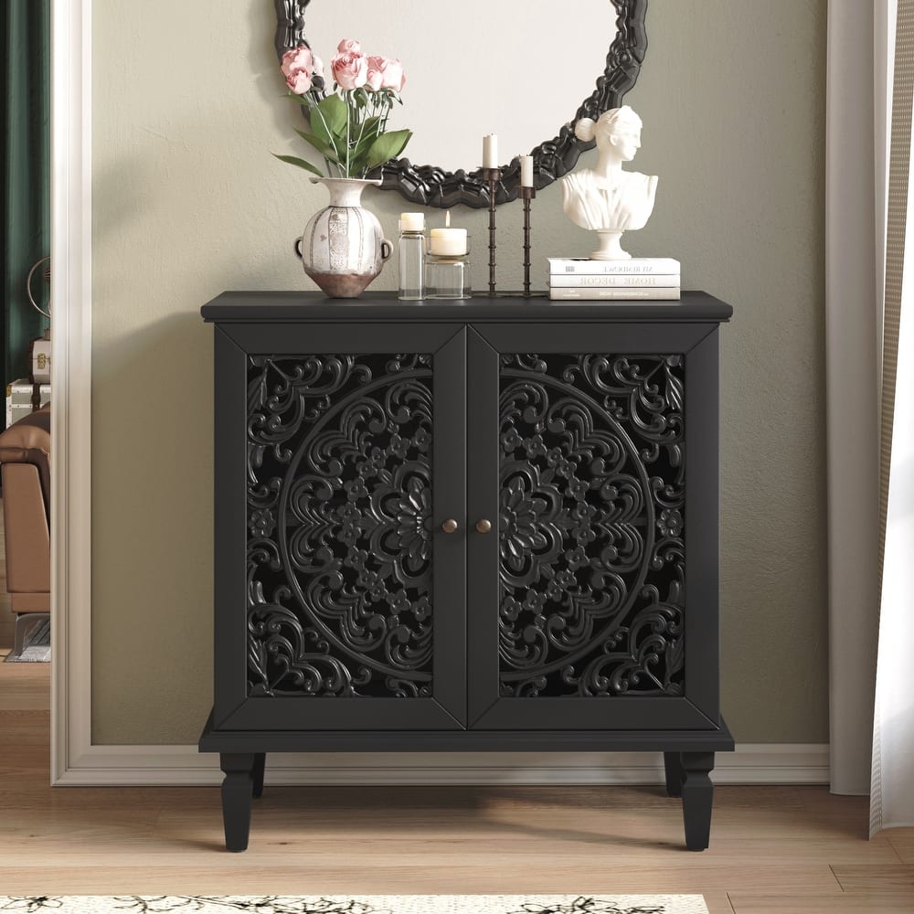 Vintage Hollow-Carved Accent Cabinet, 2-Door Display Storage Sideboard with Symmetrical Floral Design