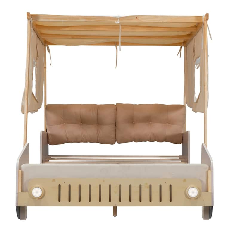 Wood Car Shaped Bed with Pillow,Ceiling Cloth,LED Light and 4 Wheels