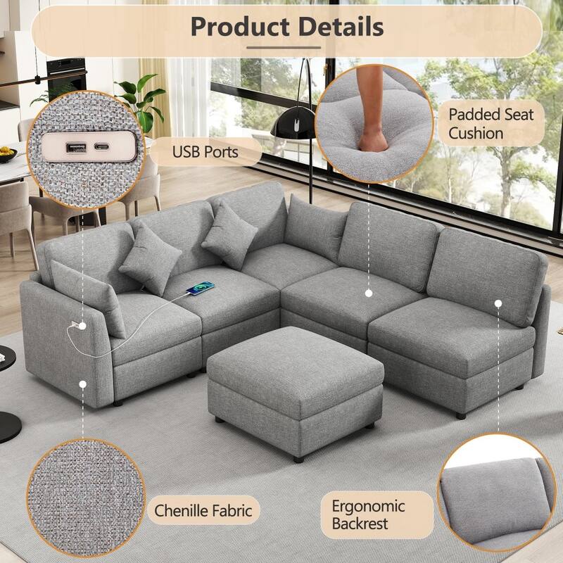 85.4" Modern U-shaped Chenille Modular Sectional Sofa with Movable Ottoman and Two USB Ports
