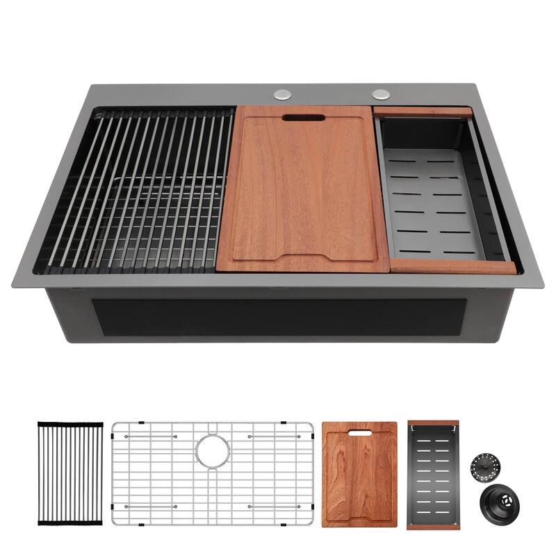 33" Drop in Single Bowl 16 Gauge Stainless Steel Ledge Workstation Kitchen Sink