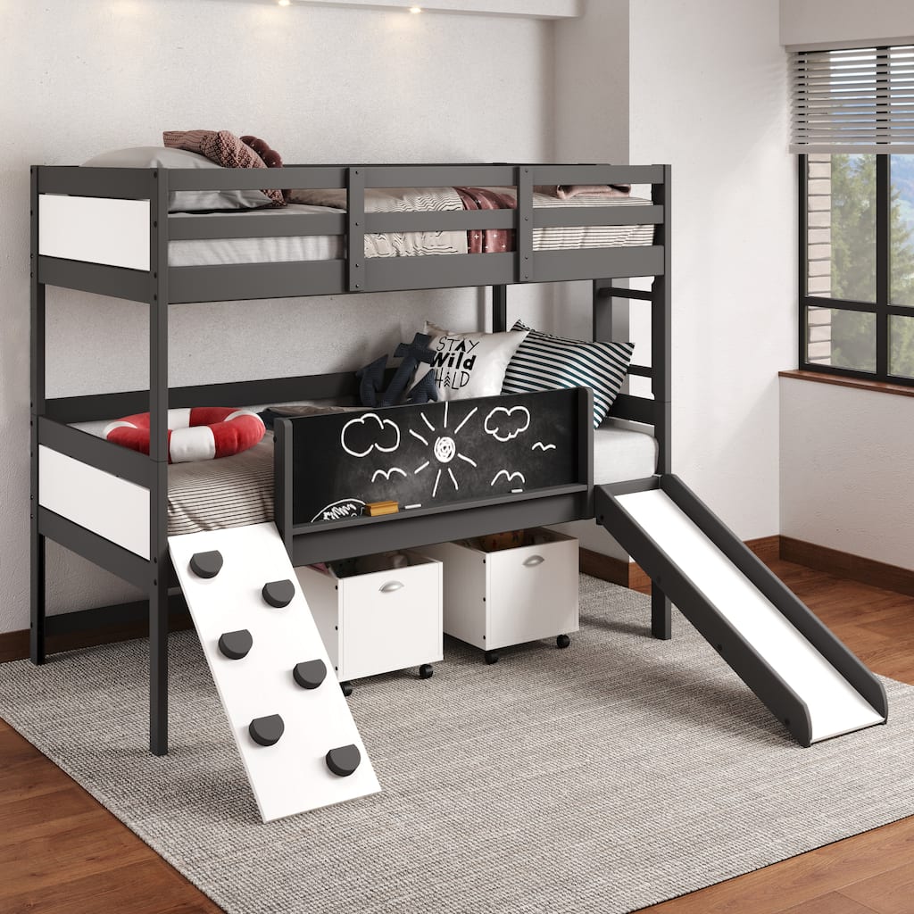 Arts & Play Twin over Twin Chalkboard Bunkbed in Dark Grey with Two Junior White Wash Toy Boxes