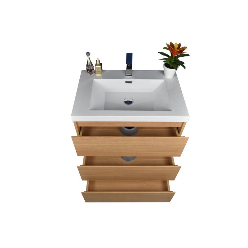 Angeles 30 natural oak finish freestanding bath vanity with single basin reinforced acrylic top