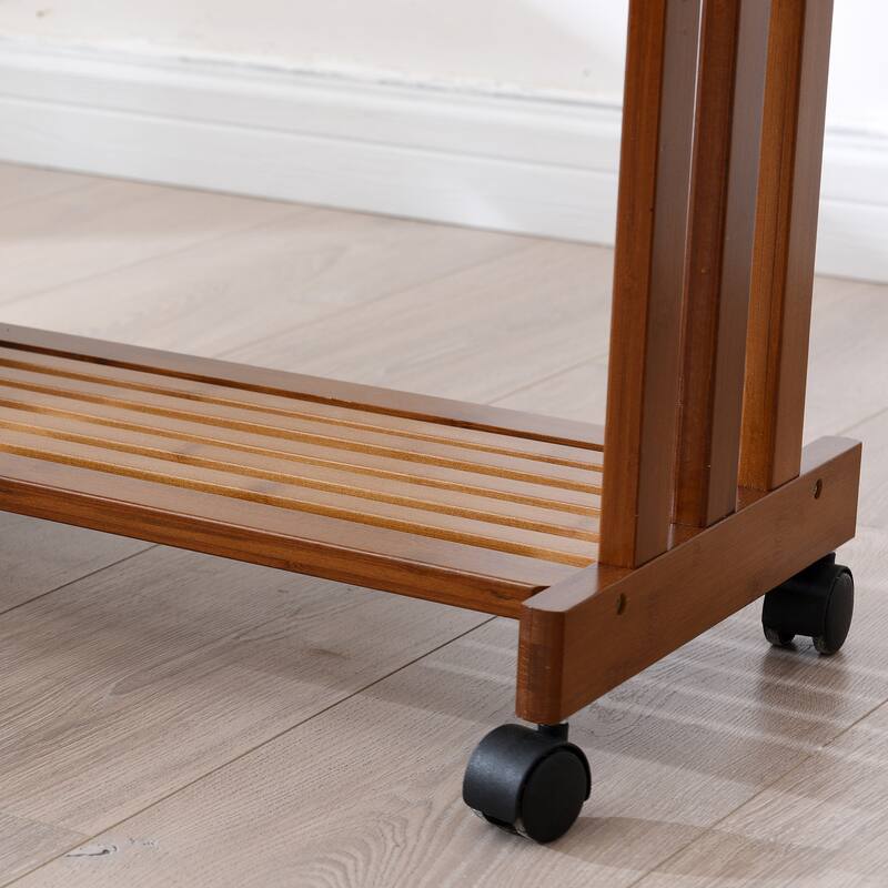 Solid Wood Clothes Rack with Storage Mesh Shelf & Casters