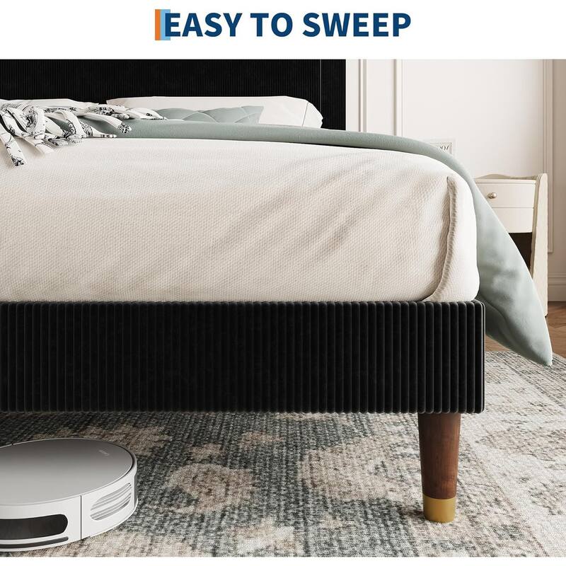 Soft Corduroy Fabric Platform Bed Frame with Upholstered Headboard, Black