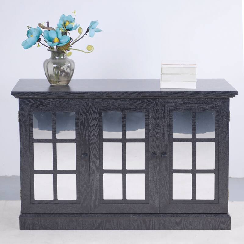 Sideboard Cabinet with 3 Mirrored Acrylic Doors, Multifunctional Wood Storage Cabinet, Accent Cabinet with Adjustable Shelves