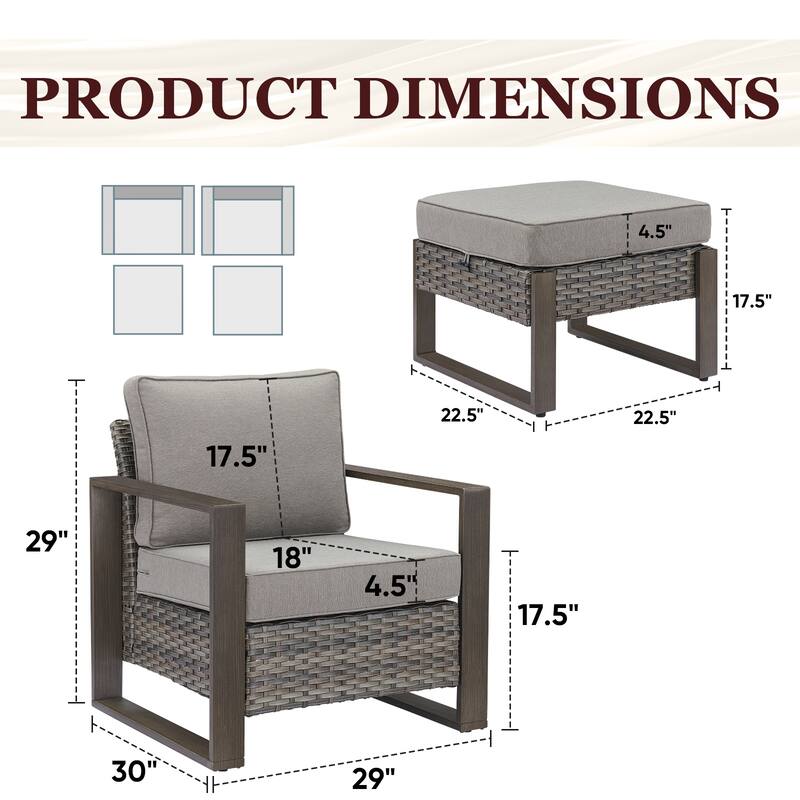 Gymojoy 2PCS PE Wicker Dining Chairs with 2 Ottomans - Grey