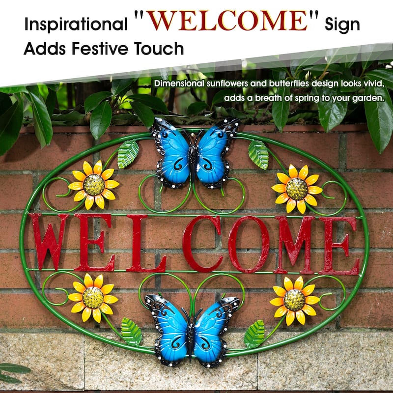 Glitzhome 24"L Spring Metal Sunflower Butterfly Welcome Wall Decor