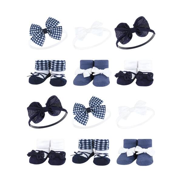 slide 1 of 1, Hudson Baby Infant Girl 12Pc Headband and Socks Giftset, Navy Gingham, One Size - Navy Gingham Navy Gingham - One Size