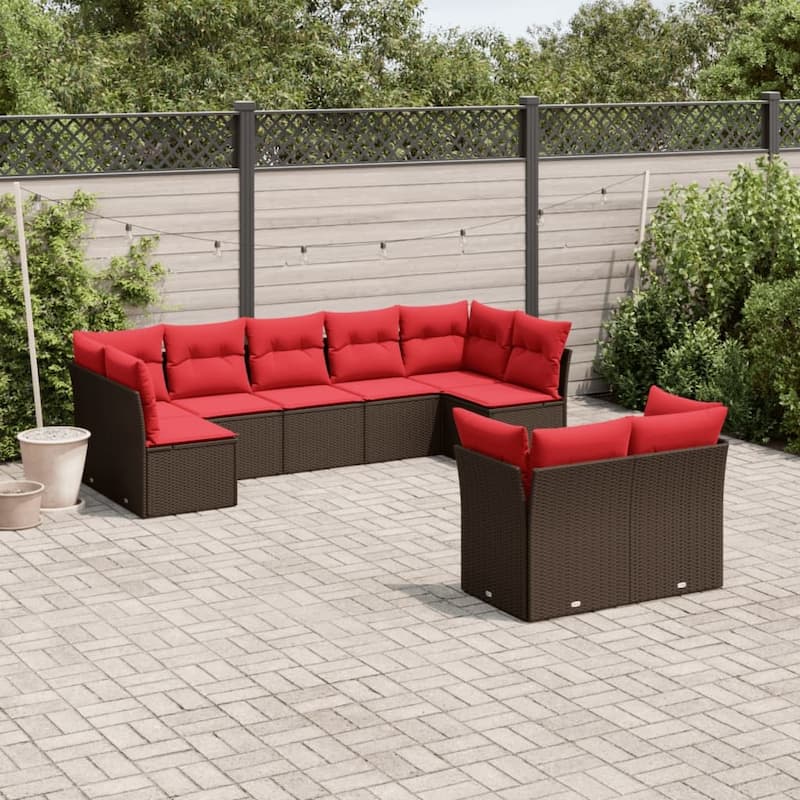 vidaXL 9/10 Piece Patio Sofa Set with Cushions Black/Brown/Gray Poly Rattan - 21.7 x 24.4 x 27.2