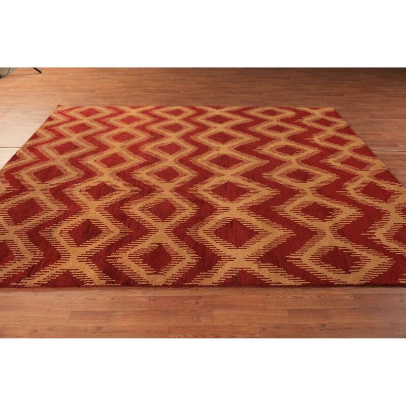 Hand Knotted Oriental 100% Wool Carpet Modern Geometric Red Moroccan Area Rug - 9' 7'' X 7' 11''
