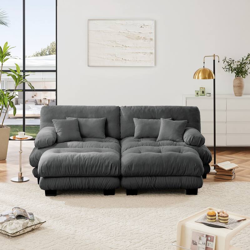 94.4" Chenille Cloud Sleeper Sofa with 2 Ottomans & Pillows