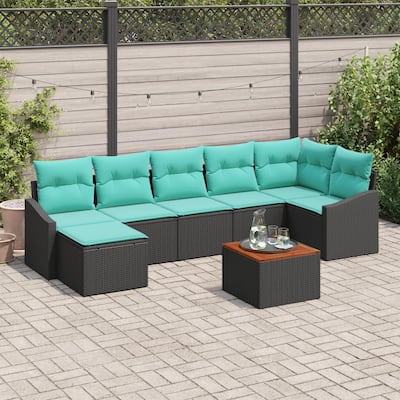 vidaXL 8 Piece Garden Sofa Set with Cushions Black Poly Rattan Acacia - 113.6×48.6×27.2