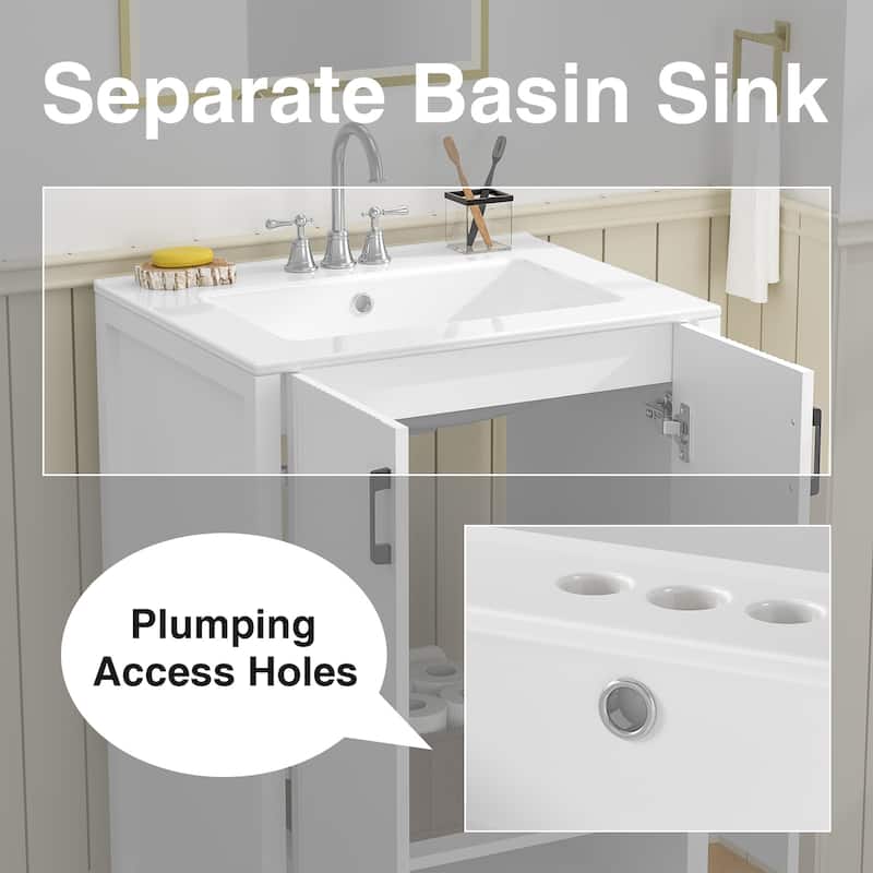24" Freestanding Bathroom Vanity with Ceramic Sink, 2-Door Storage - White