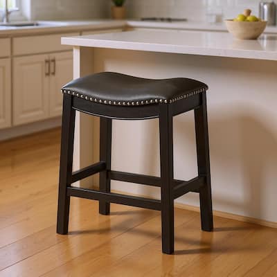 HomeRoots 26" Charcoal and Black Faux Leather and Solid Wood Backless Counter Height Bar Chair