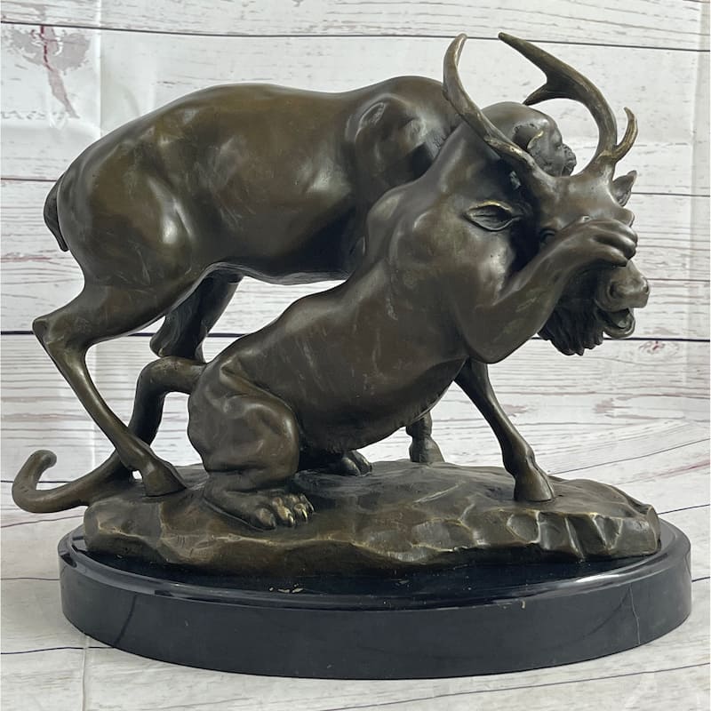 Mountain Lion Hunting Elk Deer By Pj Mene Bronze Statue Sculpture Wildlife Decor 11 Inchesx 13 Inches
