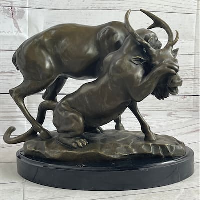 Mountain Lion Hunting Elk Deer By Pj Mene Bronze Statue Sculpture Wildlife Decor 11 Inchesx 13 Inches