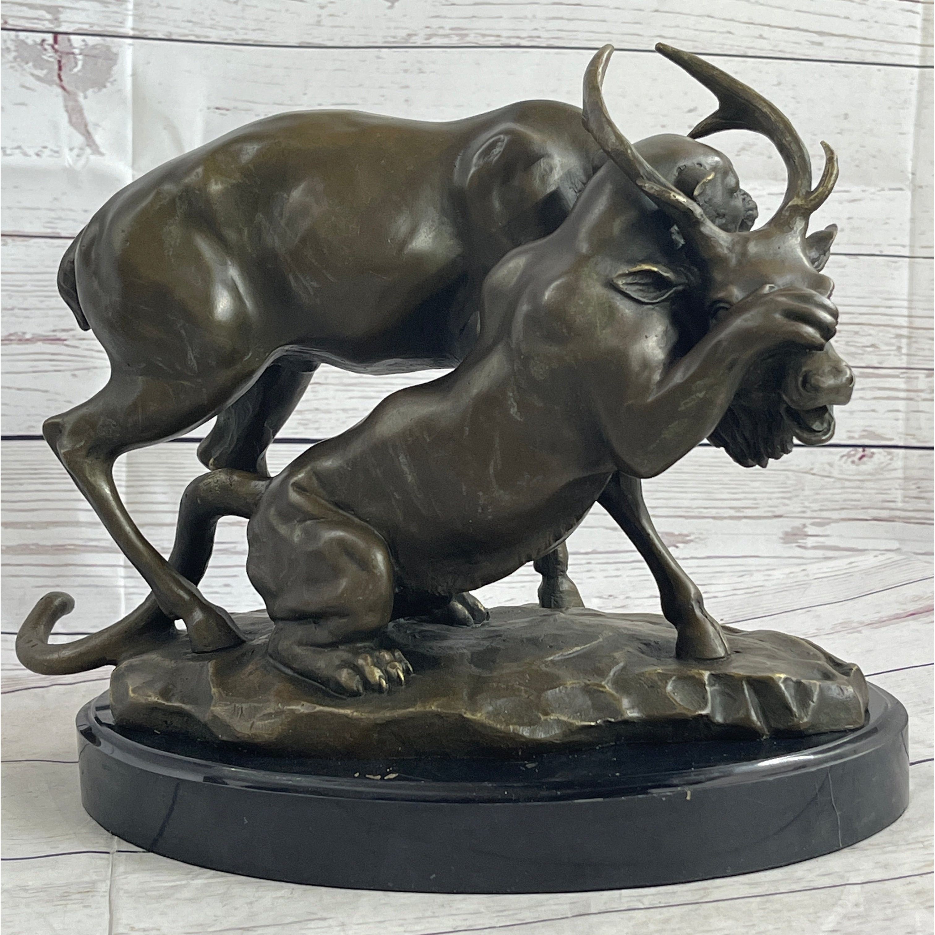 Mountain Lion Hunting Elk Deer By Pj Mene Bronze Statue Sculpture Wildlife Decor 11 Inchesx 13 Inches
