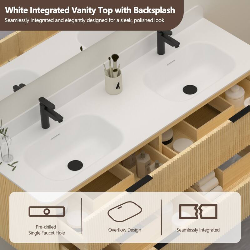 60" Floating Bathroom Vanity with Integrated countertop Rectangulare Sink Solid Wood