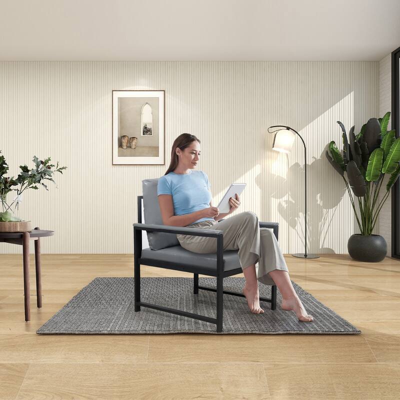 PU Leather Armchair with Metal Frame & Comfortable Cushion - Grey