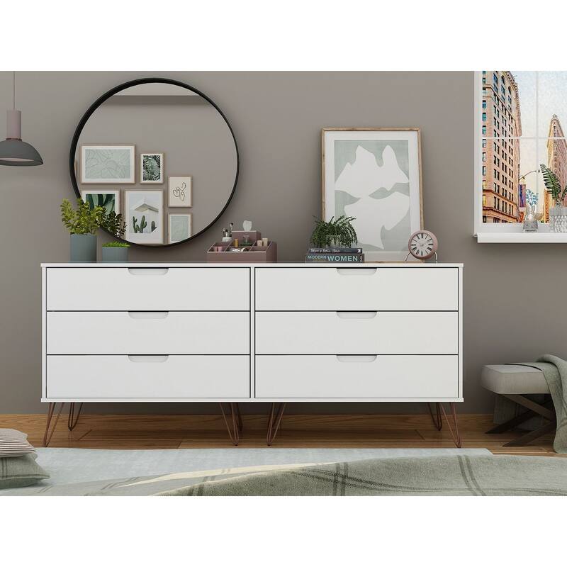 Manhattan Comfort Rockefeller 6-Drawer Double Low Dresser with Metal Legs