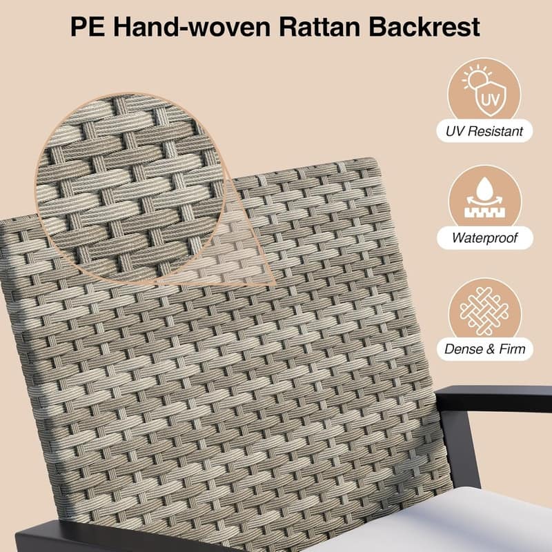 3 Pieces Wicker Patio Set with Cushion Outdoor Chair Set with Glass Table Rattan Chair Modern Bistro Set