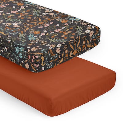 Sweet Jojo Designs Boho Wildflower Vintage Floral Girl 2 Pack Fitted Crib Sheets Solid Rust Orange and Black Bohemian Farmhouse