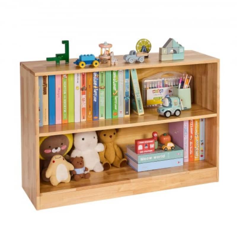 Brown Wooden Montessori Bookshelf with 2 Compartments and Top Storage - 35.43 x 11.81 x 23.62 in