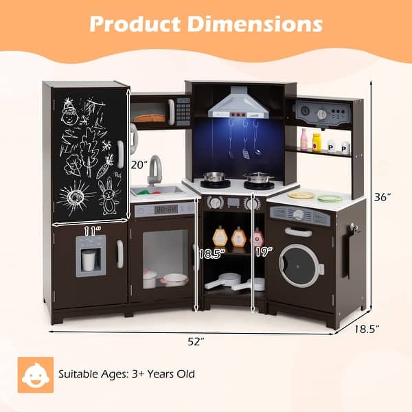 dimension image slide 0 of 3, Gymax Corner Kids Play Kitchen Wooden Pretend Toy Kitchen w/ Realistic
