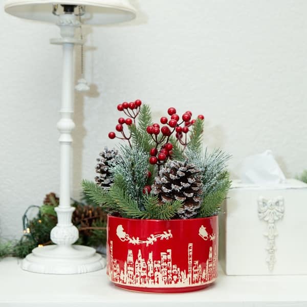 slide 1 of 5, Xmas Mix in 7" Red Cityscape Ceramic