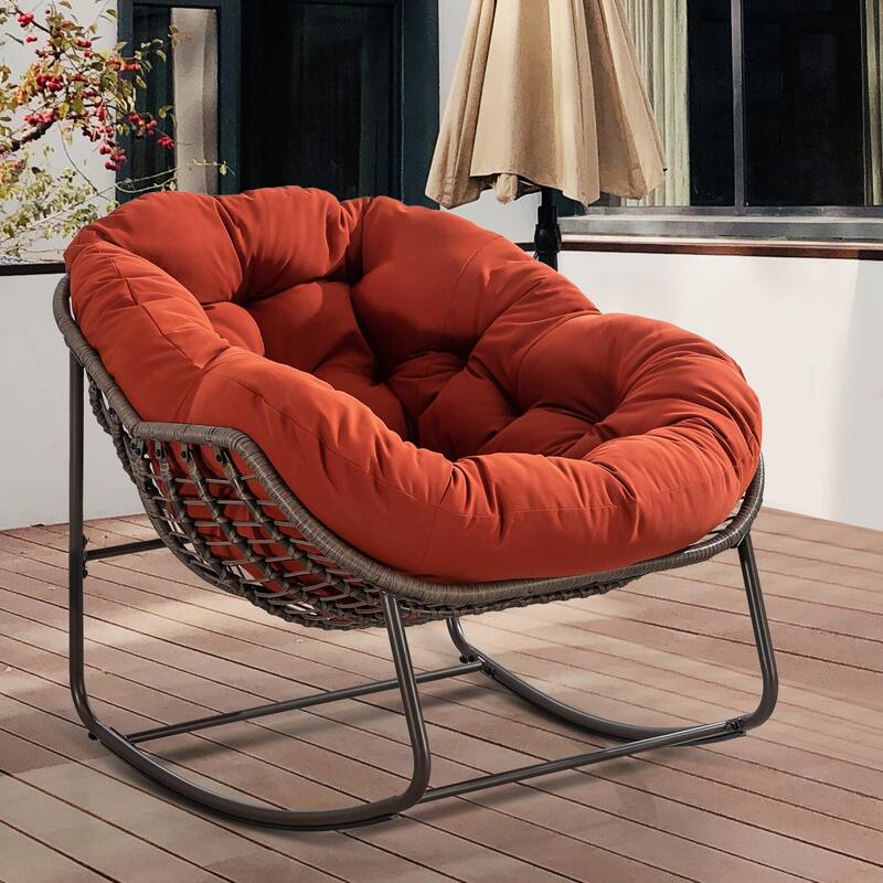 Outdoor Rattan Rocker Recliner Chair With Polyester Padded Cushion - Orange+Polyester
