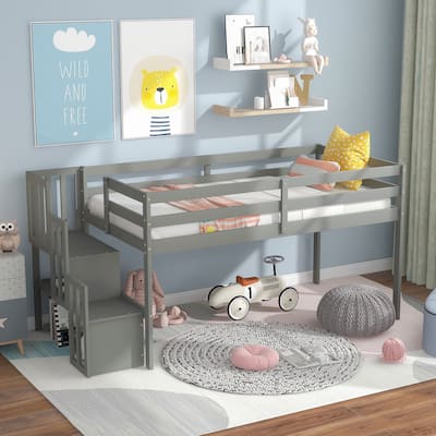 Grey Pine Wood Loft Bed with Staircase