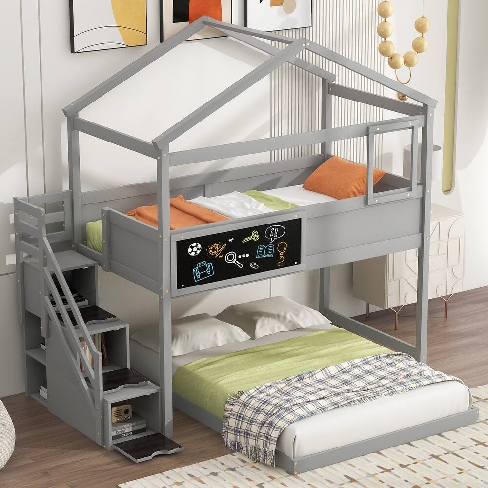 House Bunk Bed with Storage Staircase and Blackboard