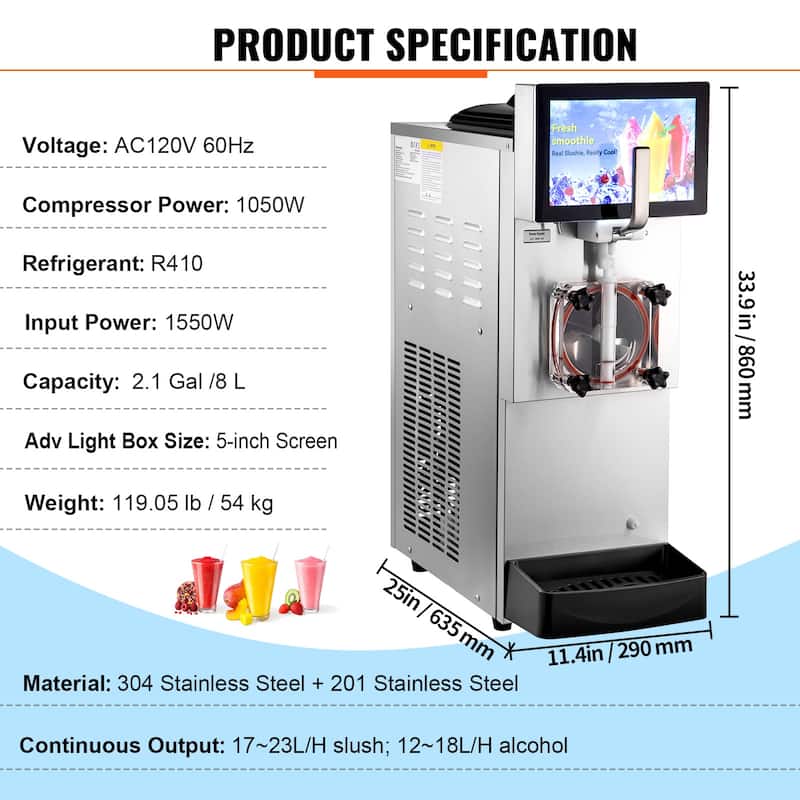 Commercial Slushy Machine, 8L / 2.1 Gal Single Bowl, Cool and Freeze Modes, 1050W Stainless Steel Frozen Drink Maker