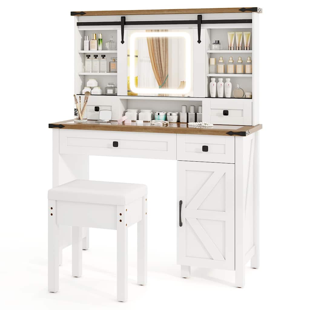 Versatile Makeup Vanity Desk with Sliding LED Mirror Tempered Glass Tabletop and Large Storage Space - 42" x 16" x 54.5"
