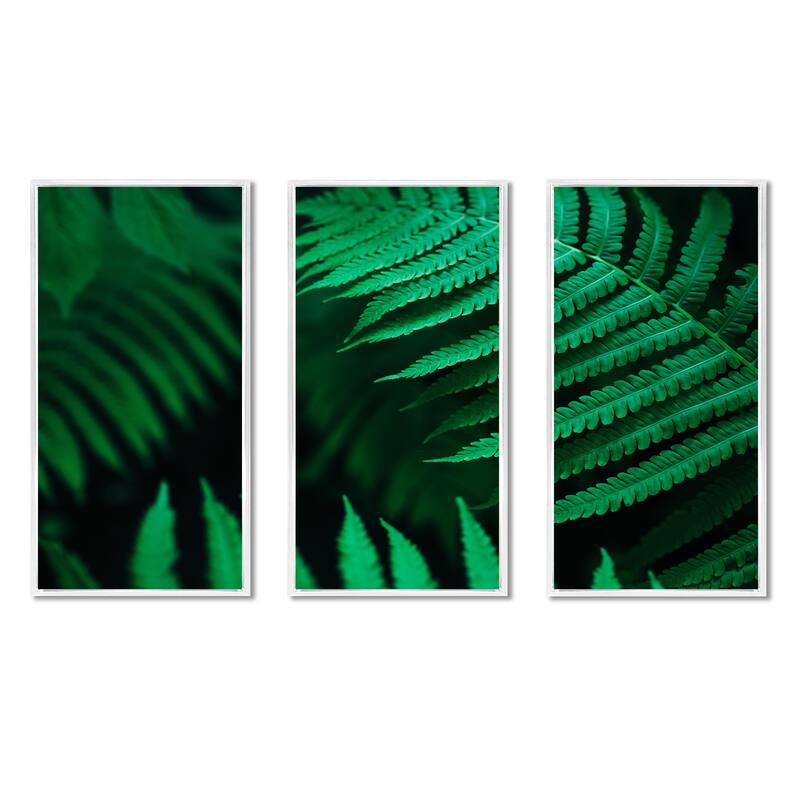 Designart "Dark Green Fern Leaf On Black III" Tropical Framed Wall Decor Set of 3 - 4 Colors of Frames