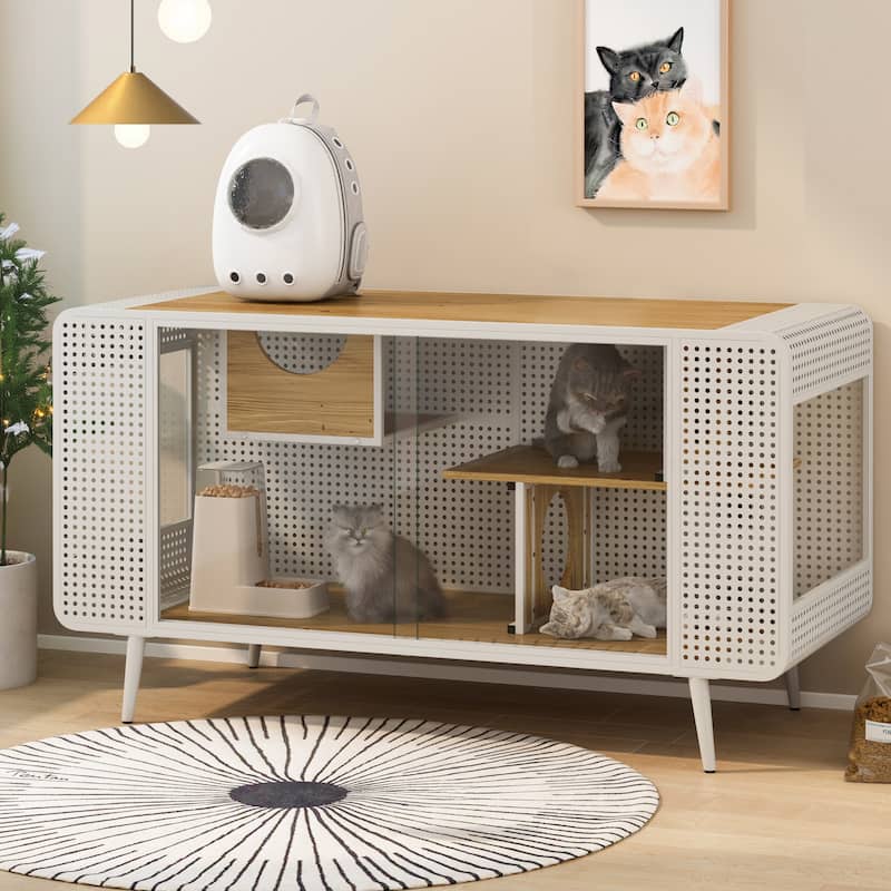 Roomfitters 55.12'' Spacious Cat House with Tempered Glass - Ideal for Living Room, Hallway, Study, White