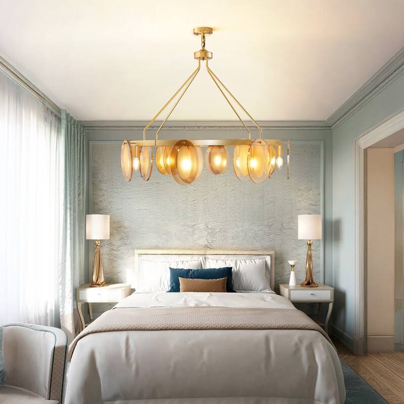 Modern 8-Light Wagon Wheel Chandelier with Tempered Glass Shape