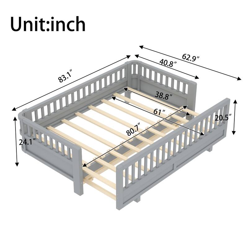 Twin XL/Twin Size Platform Bed with Guardrails, Converts to Queen Size Solid Wood Frame - Grey - Twin XL