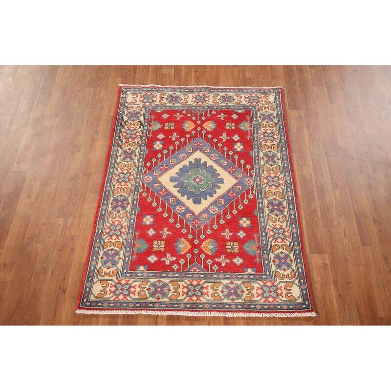 Geometric Kazak Rug Hand-Knotted Traditional Foyer Wool Carpet - 3'4"x 4'10"