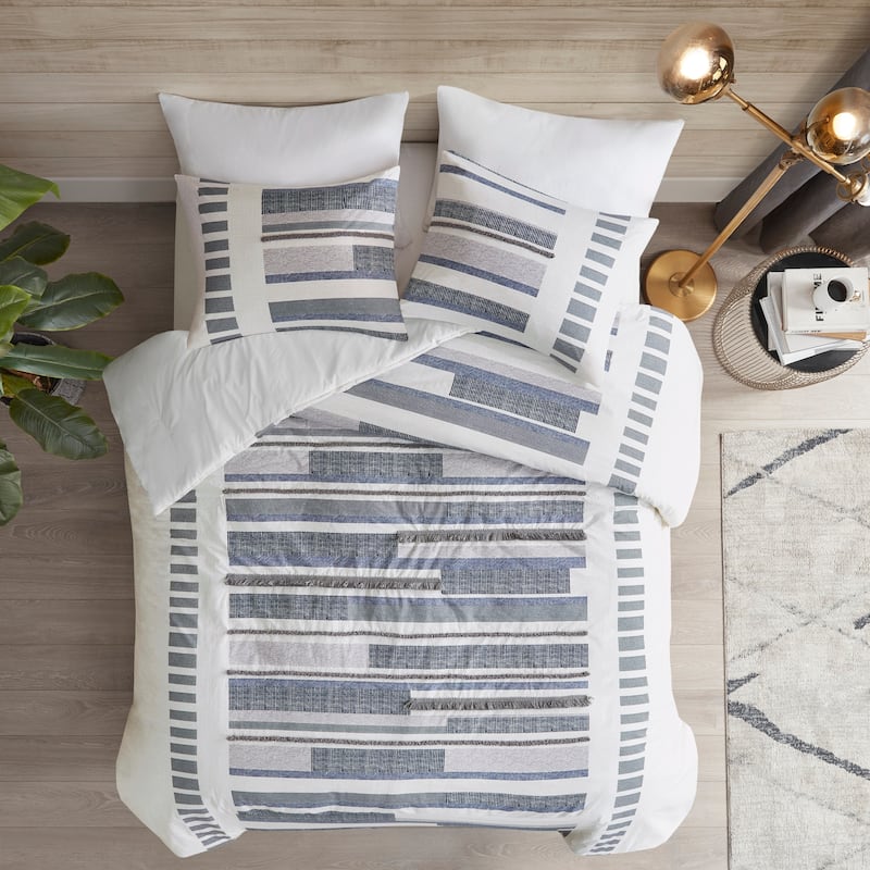 INK+IVY Serena 3 Piece Cotton Printed Comforter Set w/trims Navy