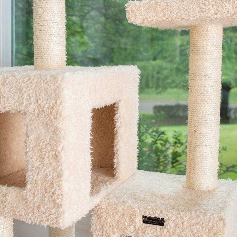 Multi-Level Real Wood Cat Tree With Two Spacious Condos, Perches - Beige