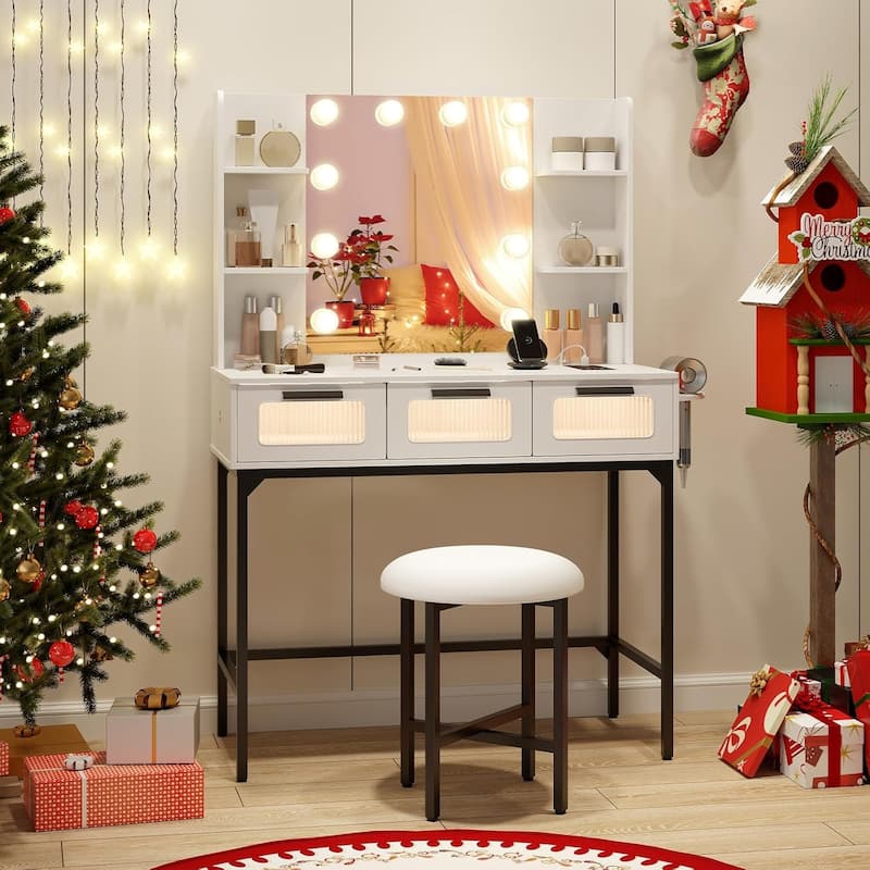 Vanity Desk w/Mirror＆Lights Modern Vanity Dressing Table w/Stool