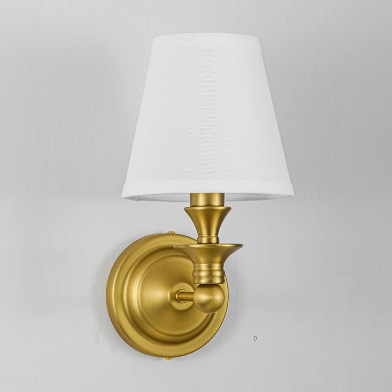 1-Light Farmhouse Black/Gold Iron Wall Sconce with White Fabric Shade