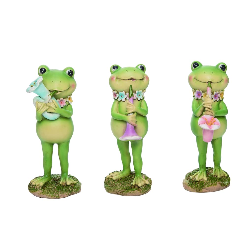 Transpac Resin Standing Greeb Frogs with Flower Trumpets Figurines Set of 3, Home and Garden Decorations