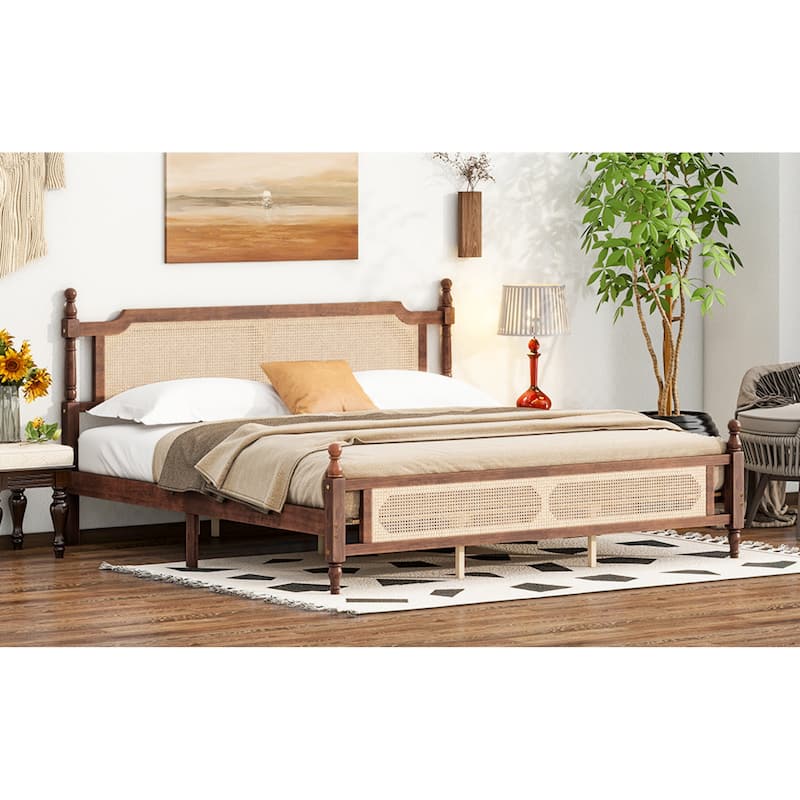 Roomfitters King Pine Wood Bed Frame with Rattan Headboard and Footboard, Central Reinforced Platform Support