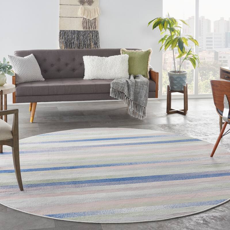 Nourison Whimsicle Modern Striped Abstract Area Rug - 8' Round - Ivory Multicolor - Runner/Round